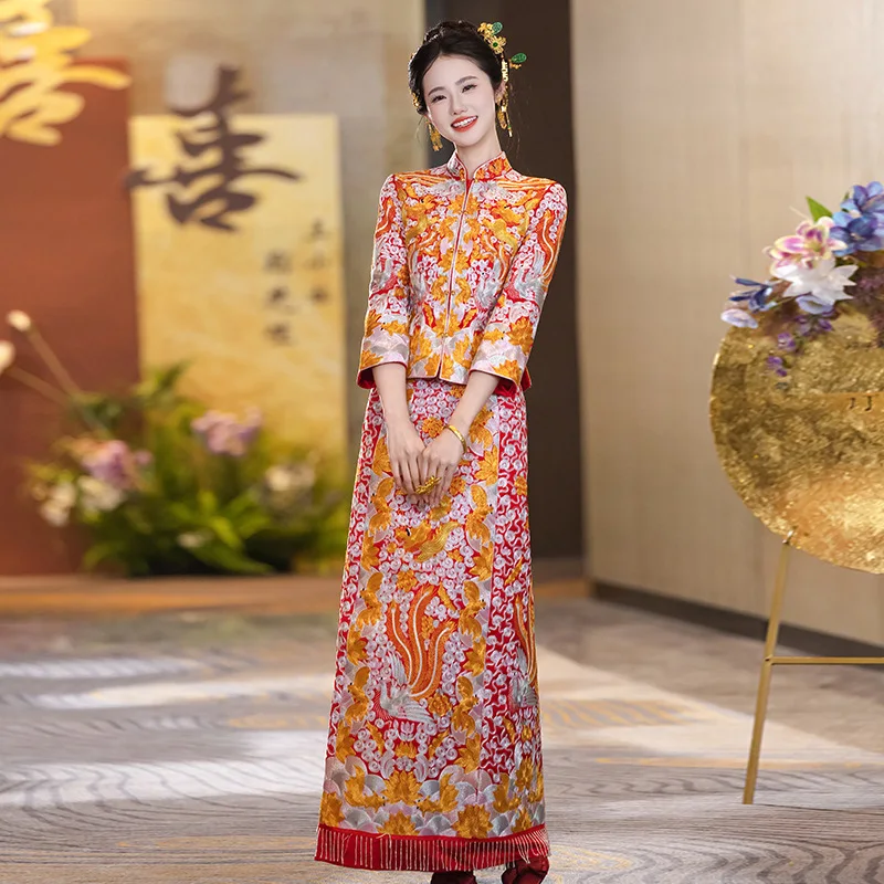 

Одежда Xiuhe, элитное тяжелое промышленное новое пальто в китайском стиле, новое пальто с драконом и фениксом, свадебное платье для тостов