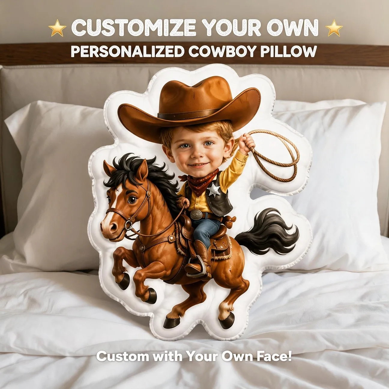 Custom Personalized Photo Cowboy Style Shaped Pillow, Western Theme Custom Picture Decorative Cushion, Unique Home Accent Sofa