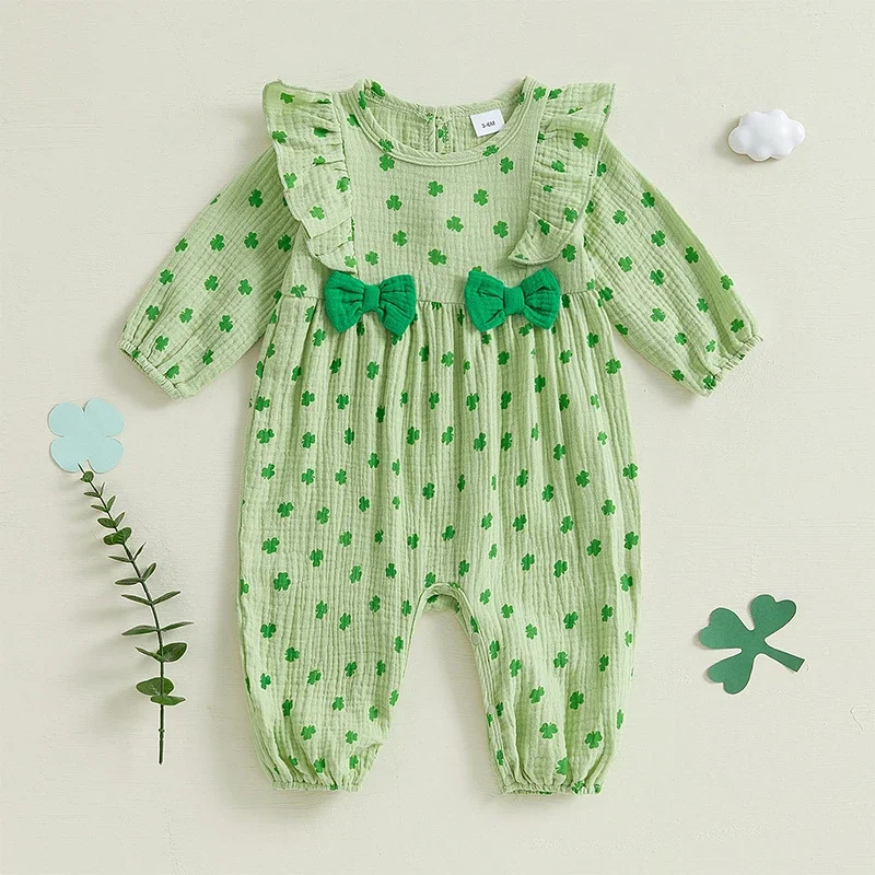 Baby Girls Rompers Ireland Clover Print Double Bow Spring Bodysuits Jumpsuits Newborn Clothes