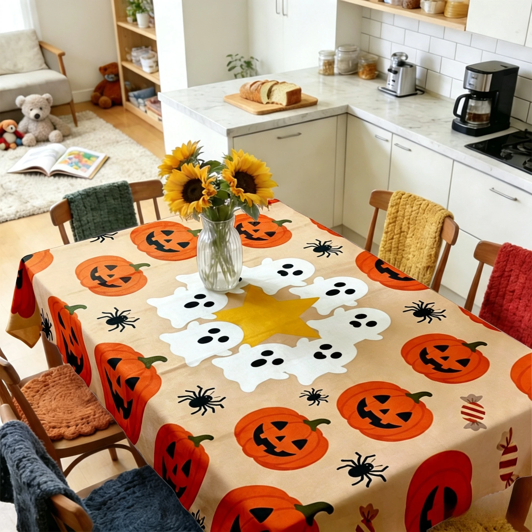 Halloween Rectangle Table Cloth Pumpkin Ghost Spider Table Cover Reusable Tablecloth for Dining Room Halloween Party Decor