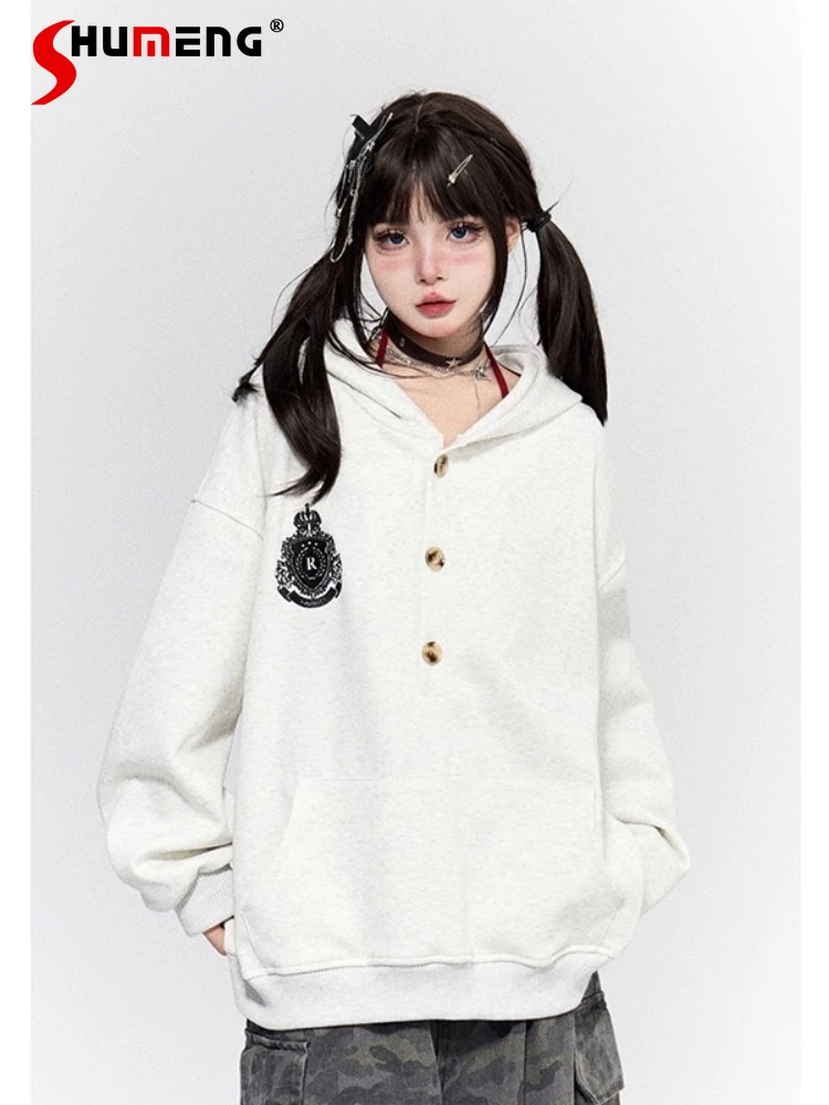 

Sweet Cool Girl Preppy Style Embroidery Long Sleeve Single-Breasted Hoodie Loose Casual Versatile Sweatshirt Jacket Women Autumn