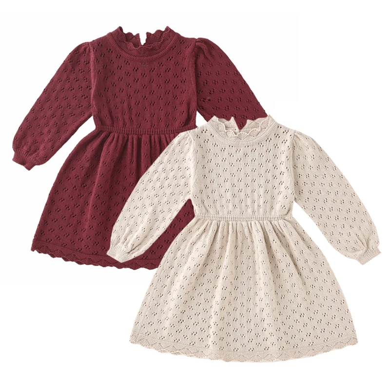 European American Style Autumn Spring Kids Princess Dresses Long Sleeved Solid Color Knitting Clothing Baby Girl Party Dress