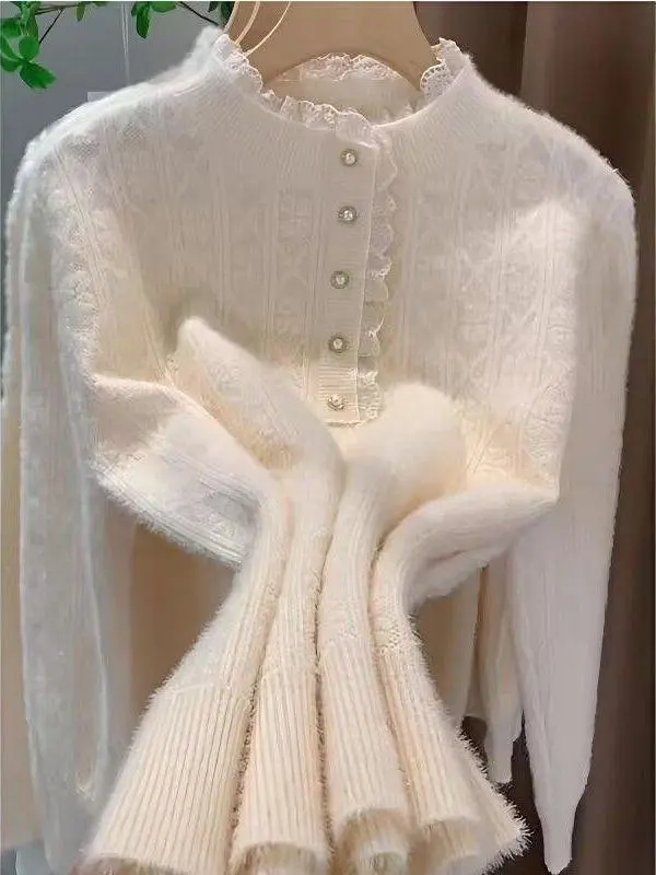 厚手の暖かいニットセーター秋冬白フェイクカラーツイストフラワーデザイン居心地の良いカジュアルスタイルファッショナブルなアクセサリー