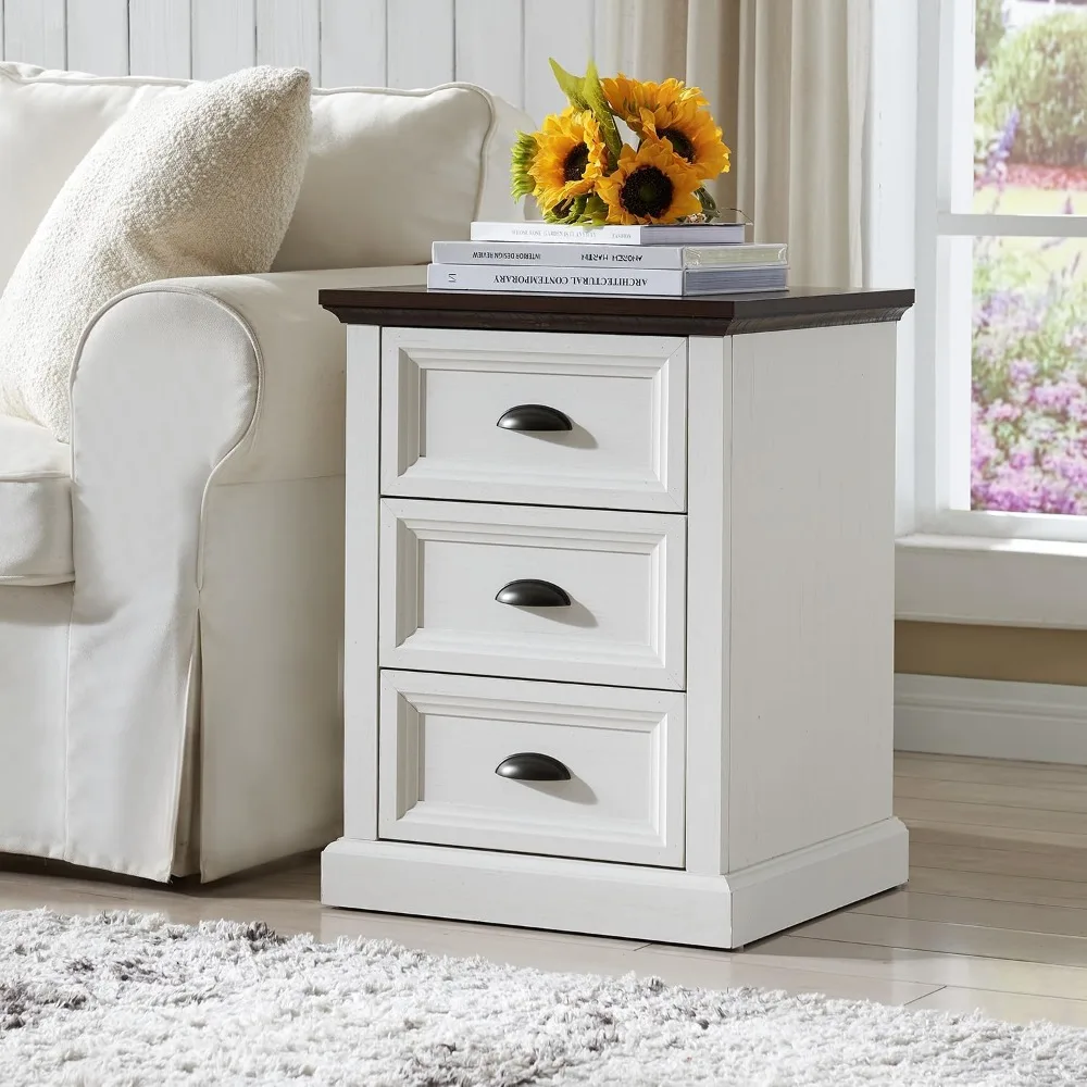 

21" Tall Nightstand with 3 Drawers, Farmhouse 18" Wide End Table with Charging Station, Wood Rustic Side Table