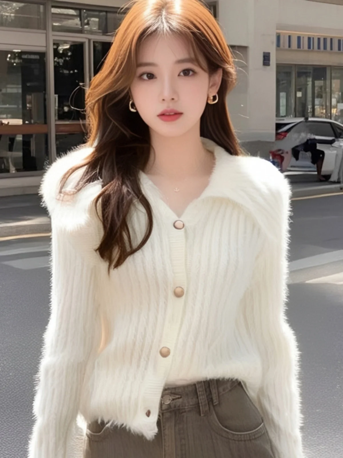 

Fashionable Knitted Cardigan Women's Turn-down Collar Base Layer High-end Feel Spring Autumn Winter New Arrival Sweater