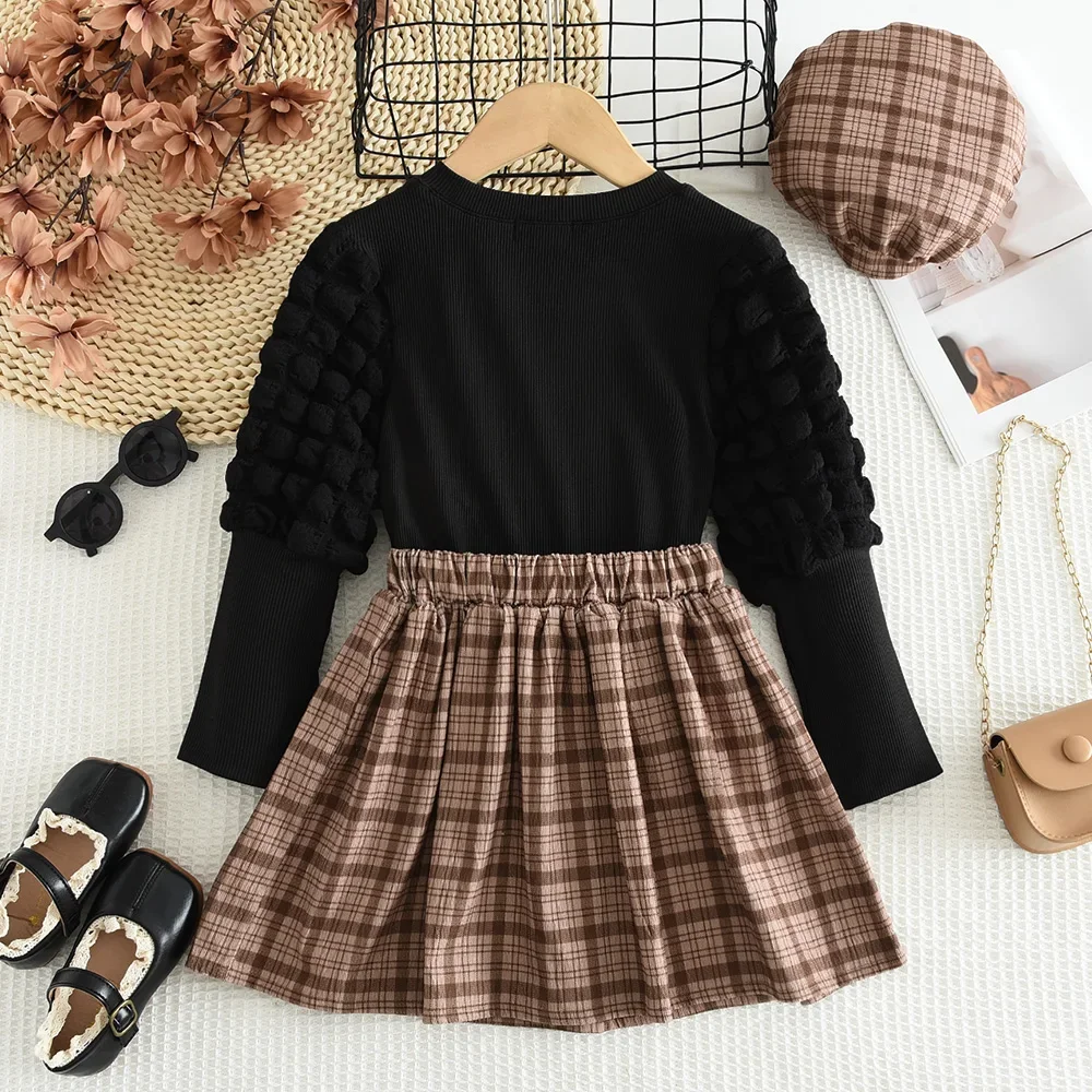 Bear Leader Autumn Retro Toddler Girl Clothes Korean Children\'s Clothing Black Bubble Grid Sleeve Top+Grid Skirt+Hat 3 Piece Set