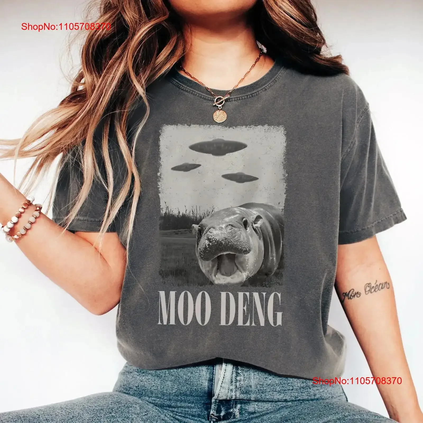 Moo Deng Alien T Shirt Funny Cute Pygmy Hippo Vintage Dang Bootleg Trending Meme I Love vintage Washed fashion Stretched