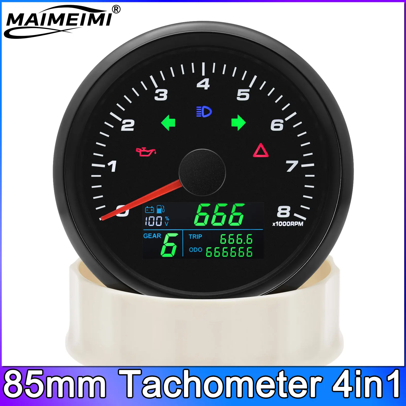 

85mm Tachometer Auto Marine 8000 RPM Meter 4in1 Speedometer Voltmeter Fuel Level Gauge Gear Number N 1-6 ODO TRIP