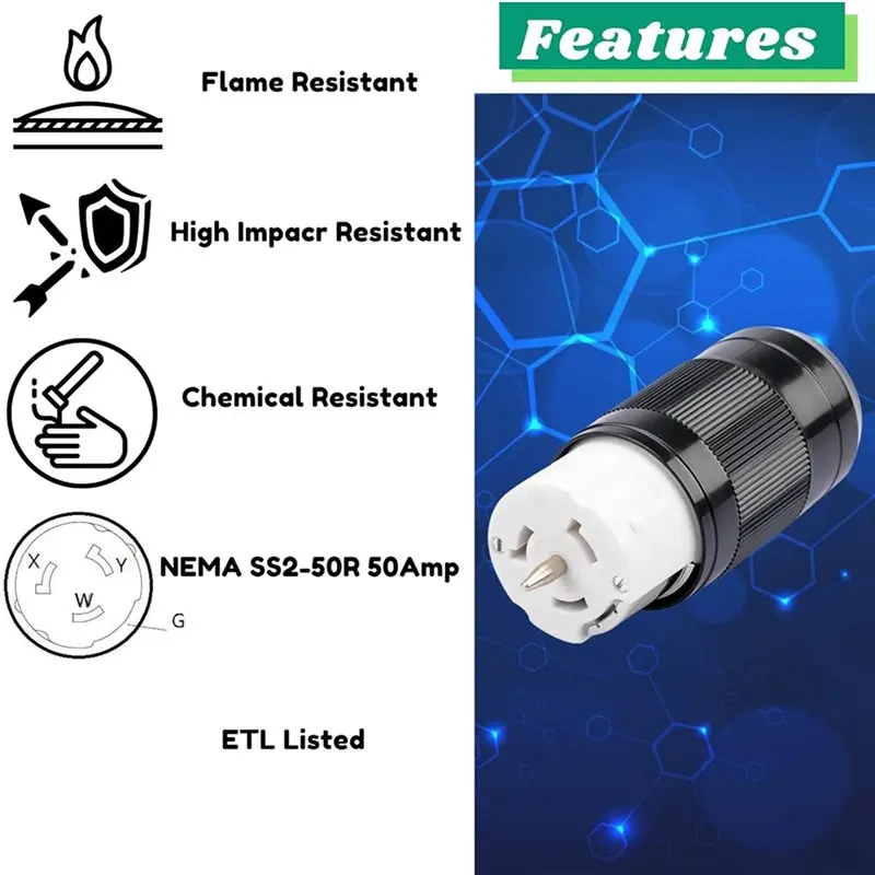 ABSS-3X Generator Connector 50 Amp NEMA SS2-50R, 4-Pin Straight Blade Connector, 3 Pole 4 Wire Grounding 125V/250V