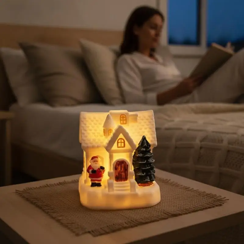 Christmas Village Santa Swing Decoration LED Lighted Figurine Xmas Tree Snow House Tabletop Ornament Gift Decor