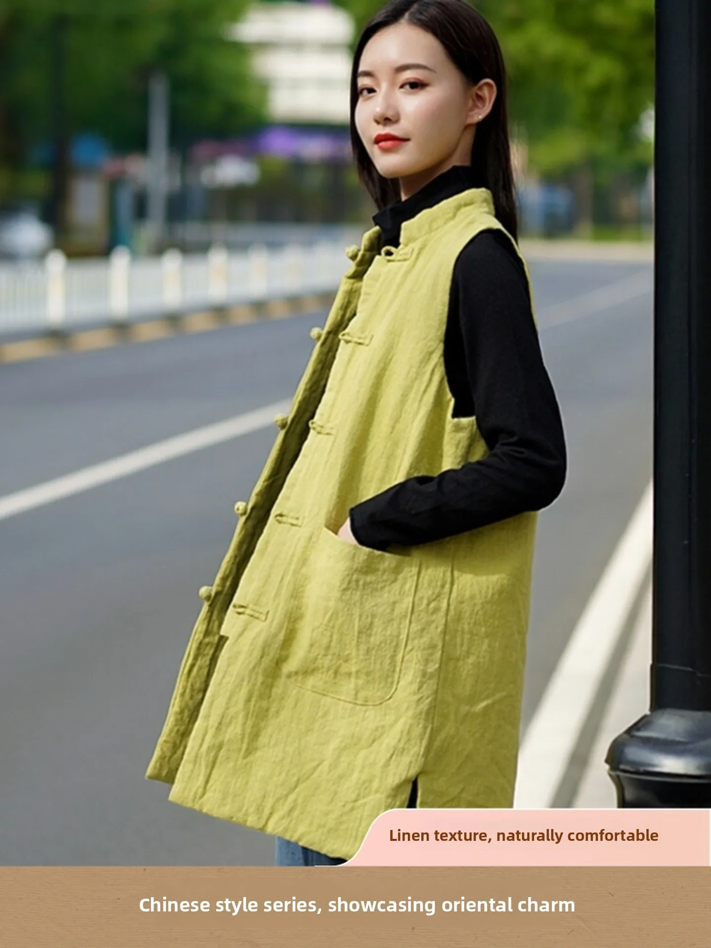 Retro Cotton Linen Ladies Vest Jacket Loose Chinese Style Buttoned Thickened Zen Spirit Cotton Linen Blend Mid-Length Vest
