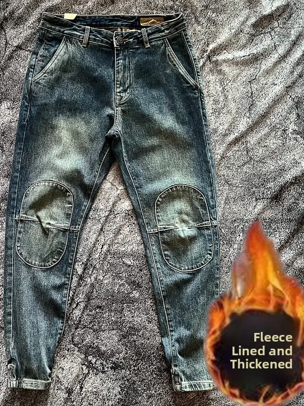 

Winter Thiened Waed Men's Jeans Casual Wear-Resistant Loose Cuffed Pants Vintage Sle Youth ular mid Waist Zipper Fly