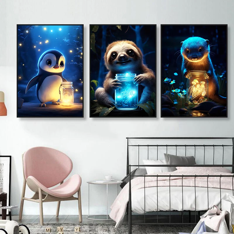 Cute Animal Poster Blue Fluorescence Butterfly Lion Dog Monkey Tiger Prints Canvas Painting Wall Art Picture Kids Room Decor