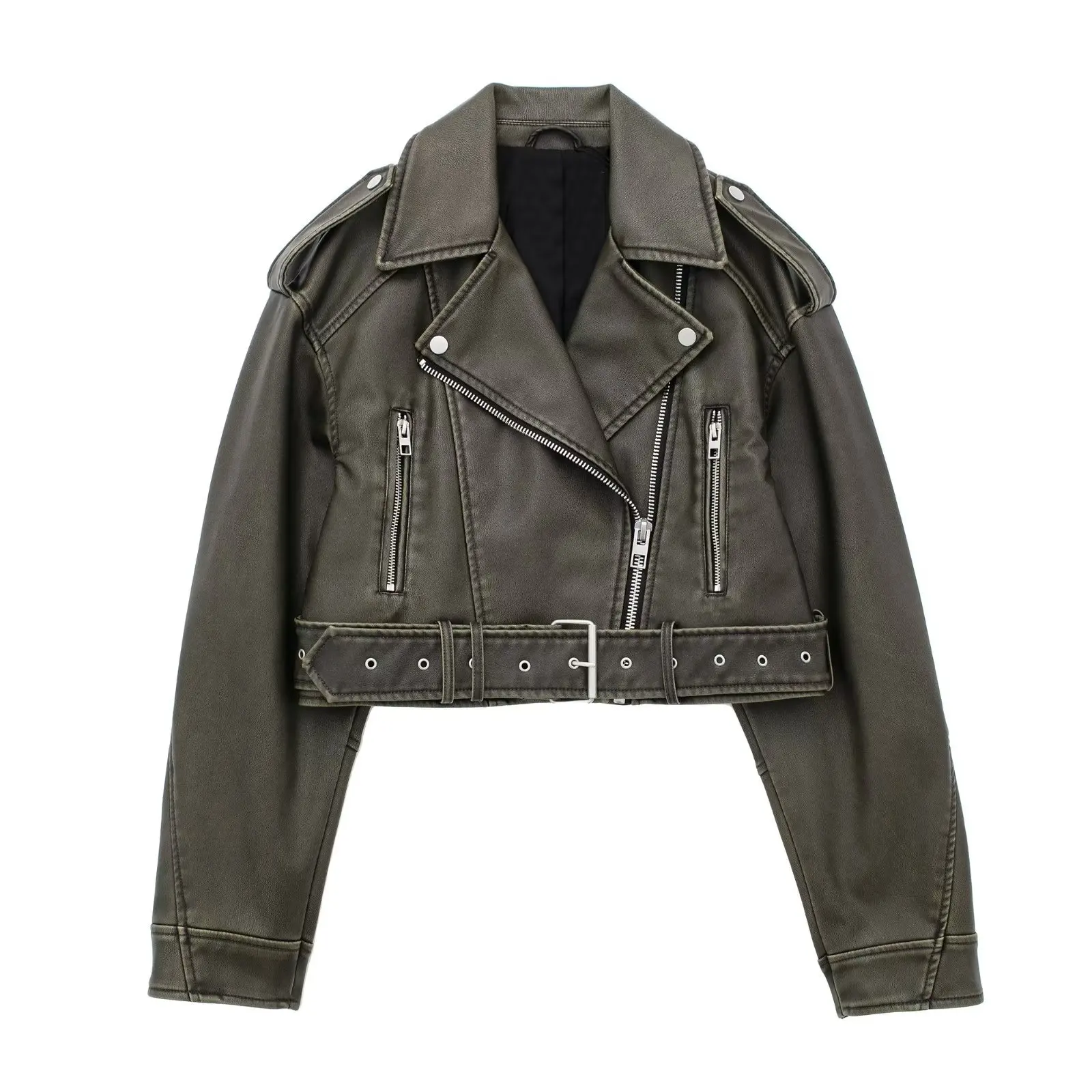 VOLALO-Veste courte en similicuir PU pour femme avec ceinture, manteau de motard rétro, streetwear vintage, fermeture éclair, vêtements d'extérieur pour femme, Y