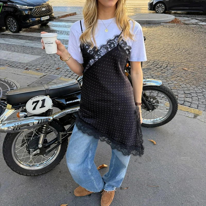 Combhasaki Women Mesh Sheer Floral Lace Trim Patchwork V-Neck Satin Silk Dotted Irregular Side Slit Hem Y2k Cami Slip Midi Dress