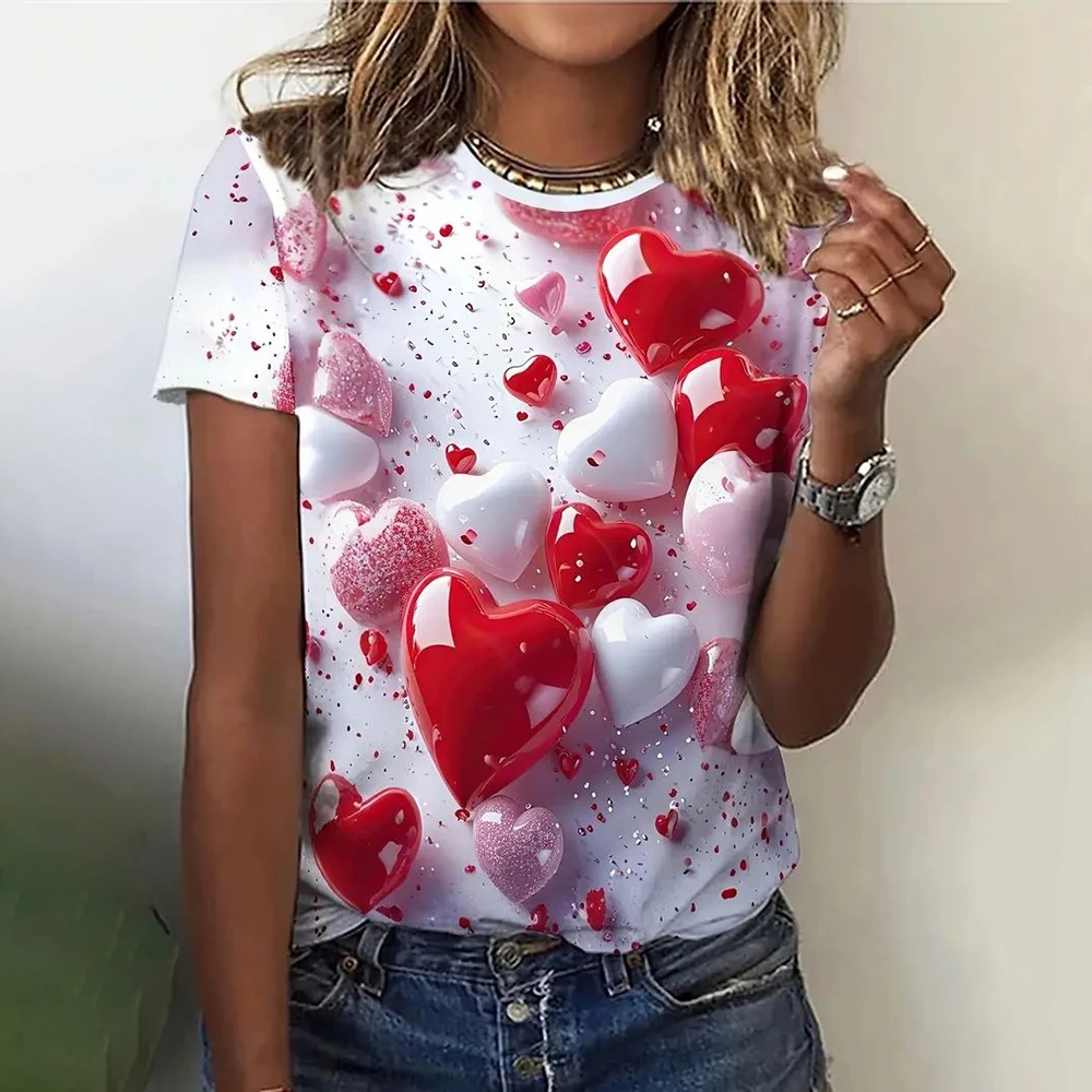 Camiseta con estampado 3D de amor para mujer, Tops informales de manga corta con cuello redondo, ropa de tendencia Hip Hop para mujer, camisetas sueltas para niña