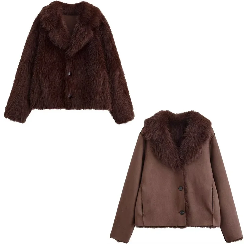 

Women's Jacket 2025 Autumn New Style Brown Long-Sleeve Faux Fur Reversible Warm Coat Elegant and Stylish