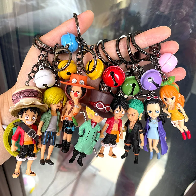 One Piece Anime Figure Keychain Luffy Nami Zoro Nico Robin Resin Doll Bag Pendant with Bell Cute Toy Keyring Decoration Gifts