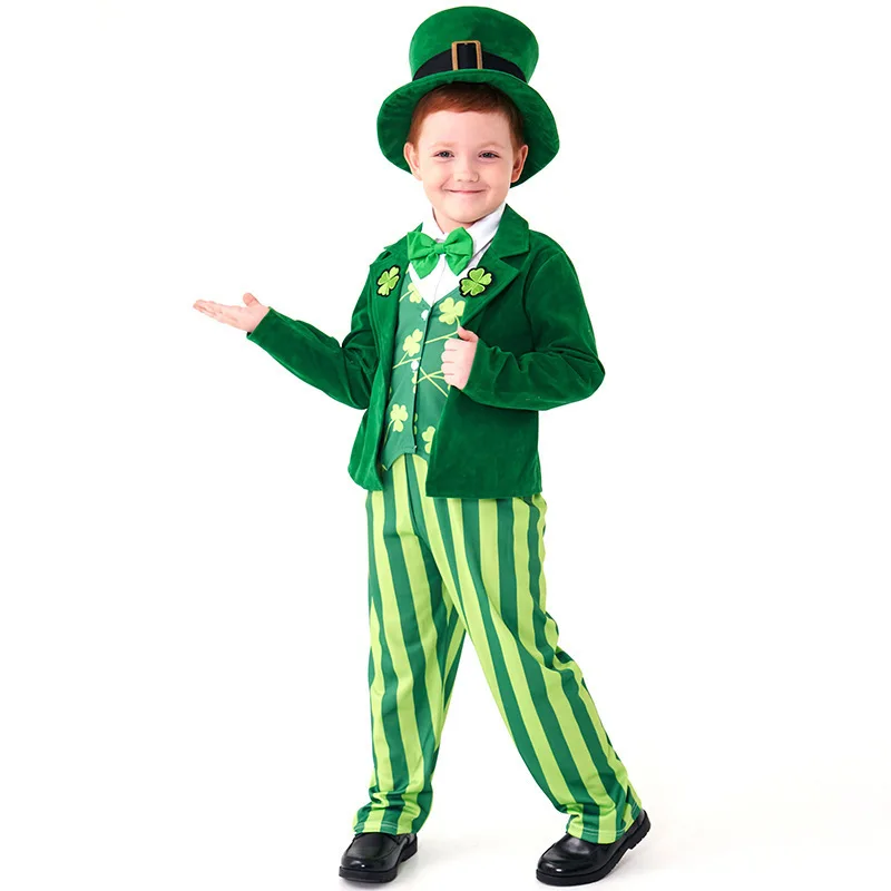 Kids Leprechaun Costume Boys St Patricks Day Green Suit With Top Hat Clover Outfit Carnival Party Dress Up Show Photo Wear PS66