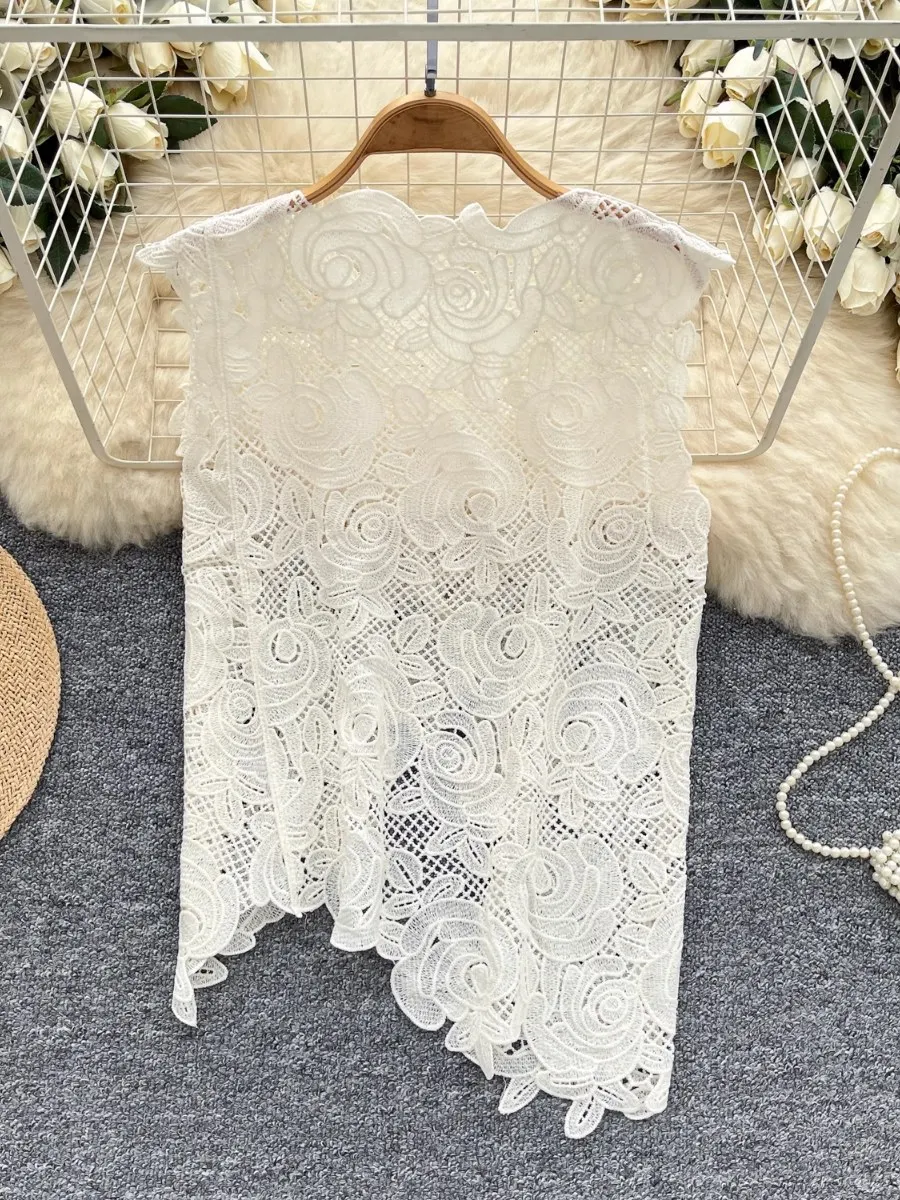 Foamlina Top da ragazza con ritaglio all'uncinetto in pizzo irregolare da donna 2025 Estate New Chic Versatile Capispalla unico Gilet senza maniche Camis