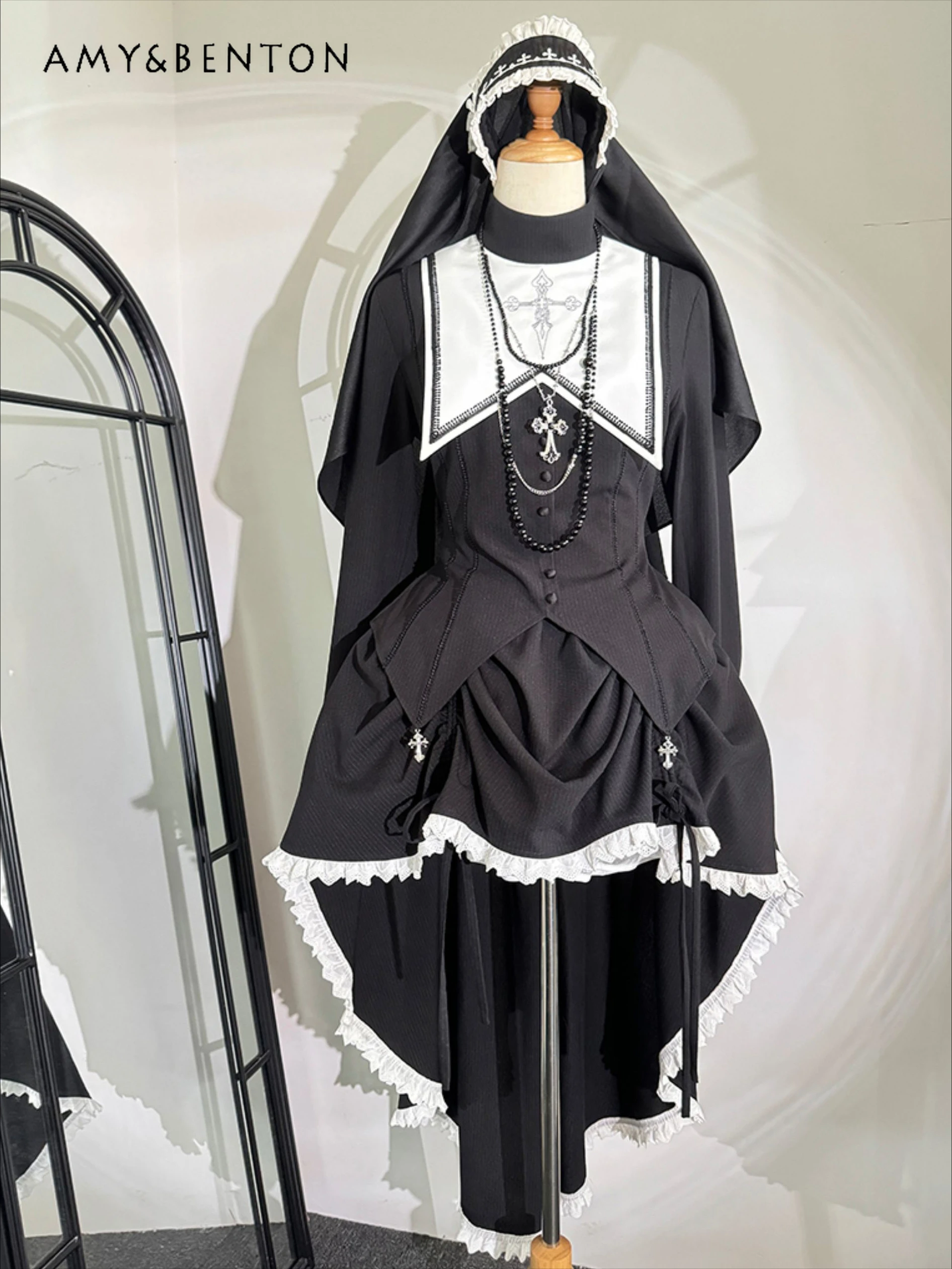 고스 코스프레 무대 의상 수녀 정장 오리지널 로리타 드레스 하위 문화 패치 워크 긴팔 탑 스트레이트 바지 투피스 세트
