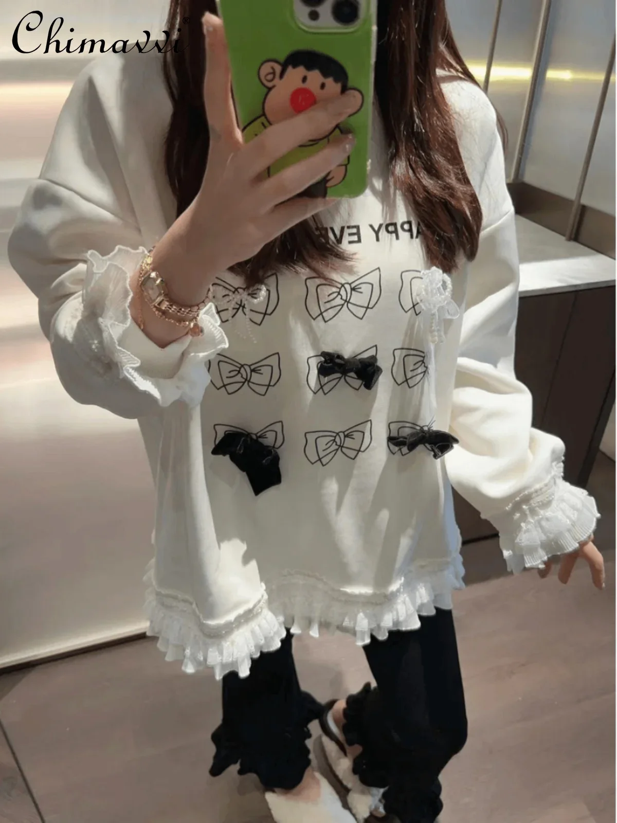 

Large Size Korean Fashion Sweet Girl Design Bow Lace Edge Loose Sweatshirts Autumn New Long-sleeved Crew Neck Hoodies Top