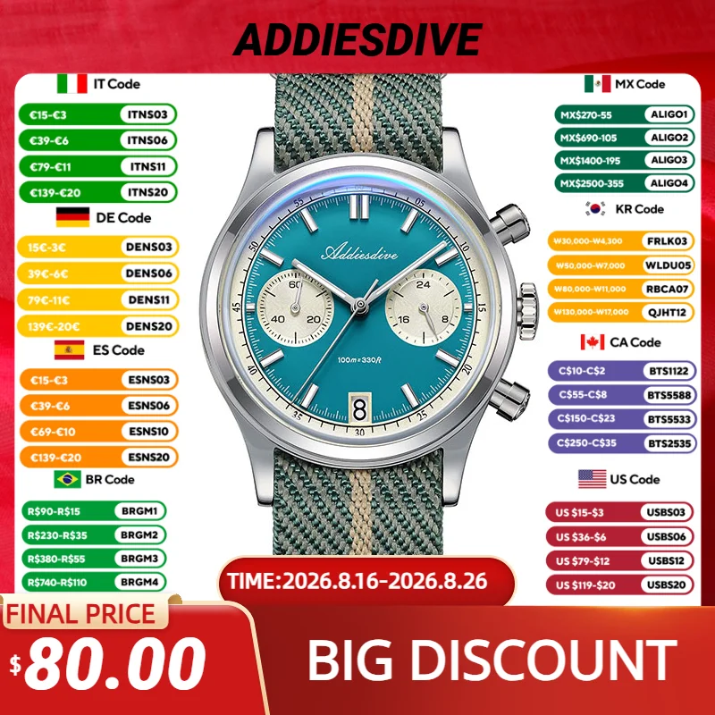 ADDIESDIVE NEUE Herrenuhren VK64 Uhrwerk Quarz-Armbanduhr Wasserdicht 100 m Chronograph AR-Beschichtung 38 mm Luxusuhr Mann AD2095