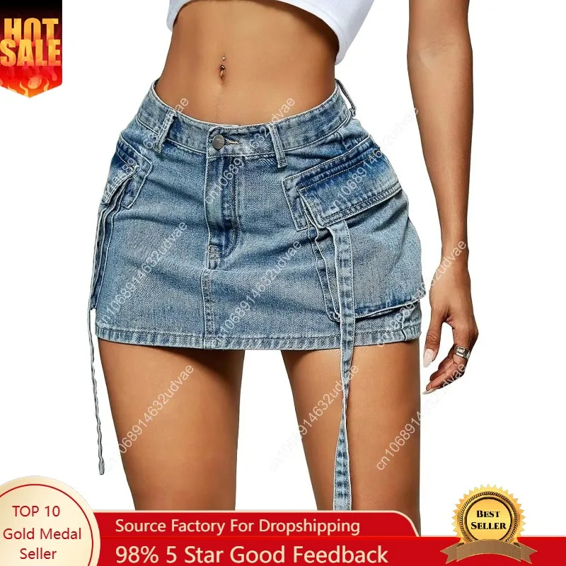 

Women Cargo Skirt Denim Mini Low Waist Y2K Jean Skirts with Pockets