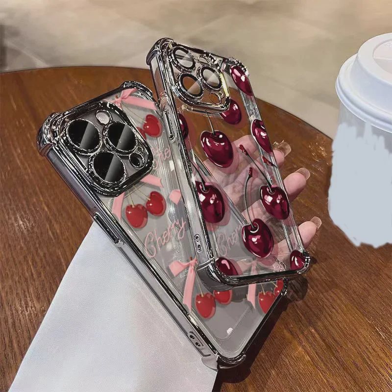 Case For Samsung Galaxy S26 S24 S25 Ultra S23 Plus S24FE S21 Cute Plating Bow Cherry Lichee Shockproof Cover