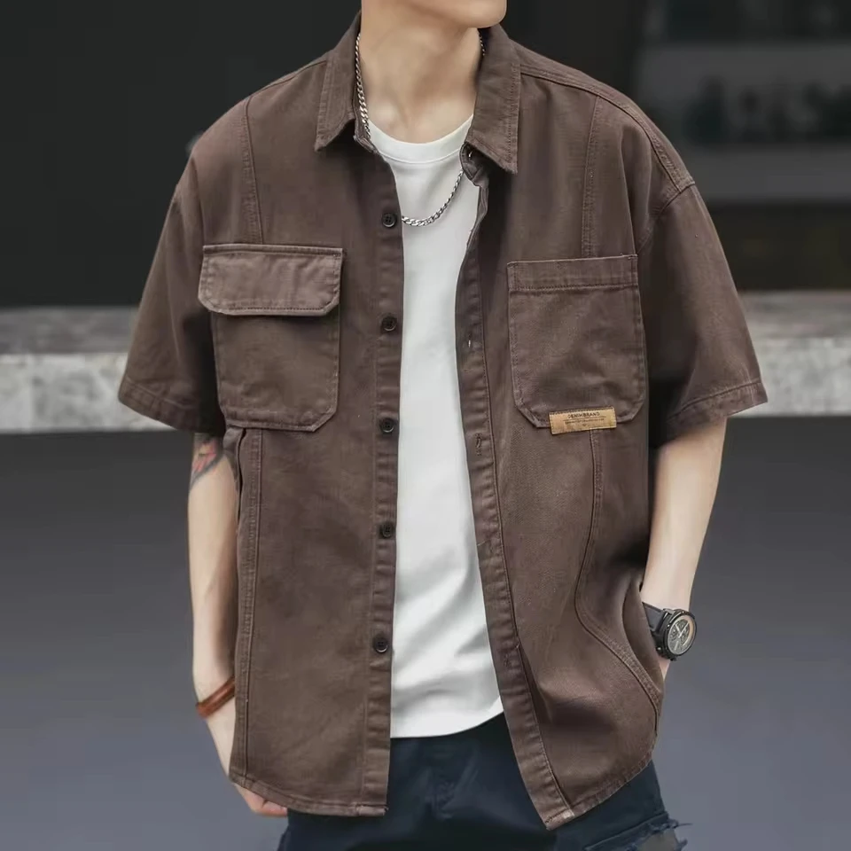 

Summer New Fashion Vintage Men's Heavy Duty Casual Trendy Solid Color Loose Turn-down Collar Short Sleeve Pocket Shirts Male
