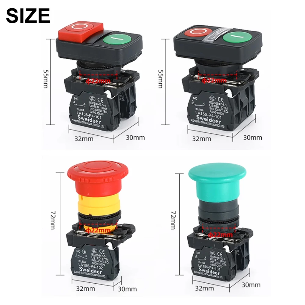 XB4 22mm Emergency Stop Button Switch Double Button Switch with Light Momentary Self Reset Mushroom Power Push Button Switch 10A