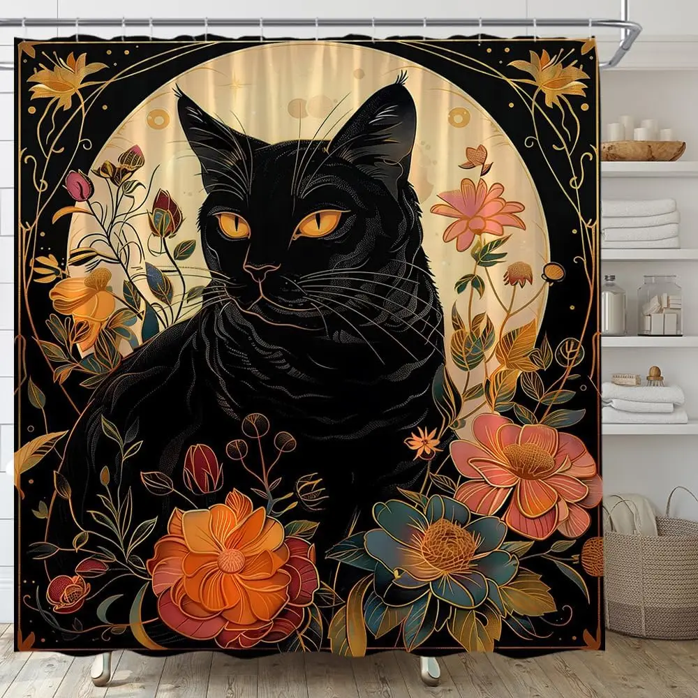 

Black Cat Shower Curtain Boho Floral Vintage Flower Retro Aesthetic Mystic Witchy Moon Abstract Bathroom Curtain Set with Hooks