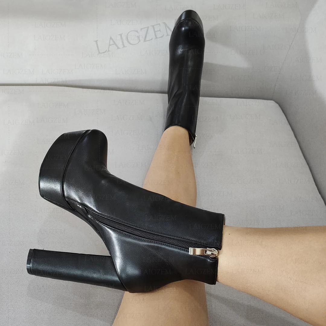 LAIGZEM Women Ankle Boots Platform Side Zip Thick High Heels Short Booties Black Party Ladies Shoes Woman Big Size 41 44 47 52