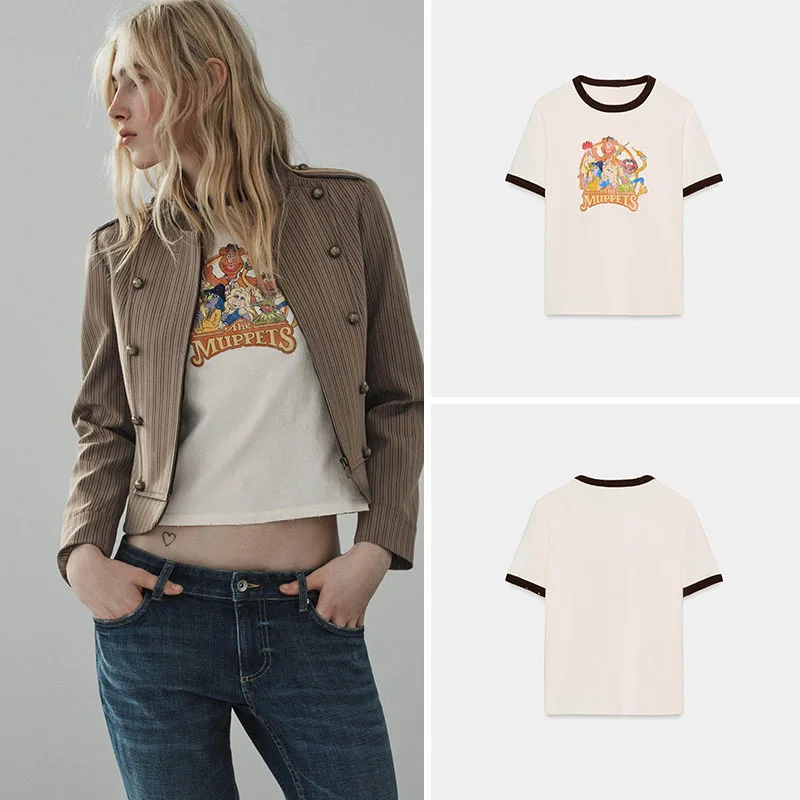 

Spring New Arrival Women's T-irt ort Sve round Ne Letter Animal Print Versatile Color Blo Casual Faion Top