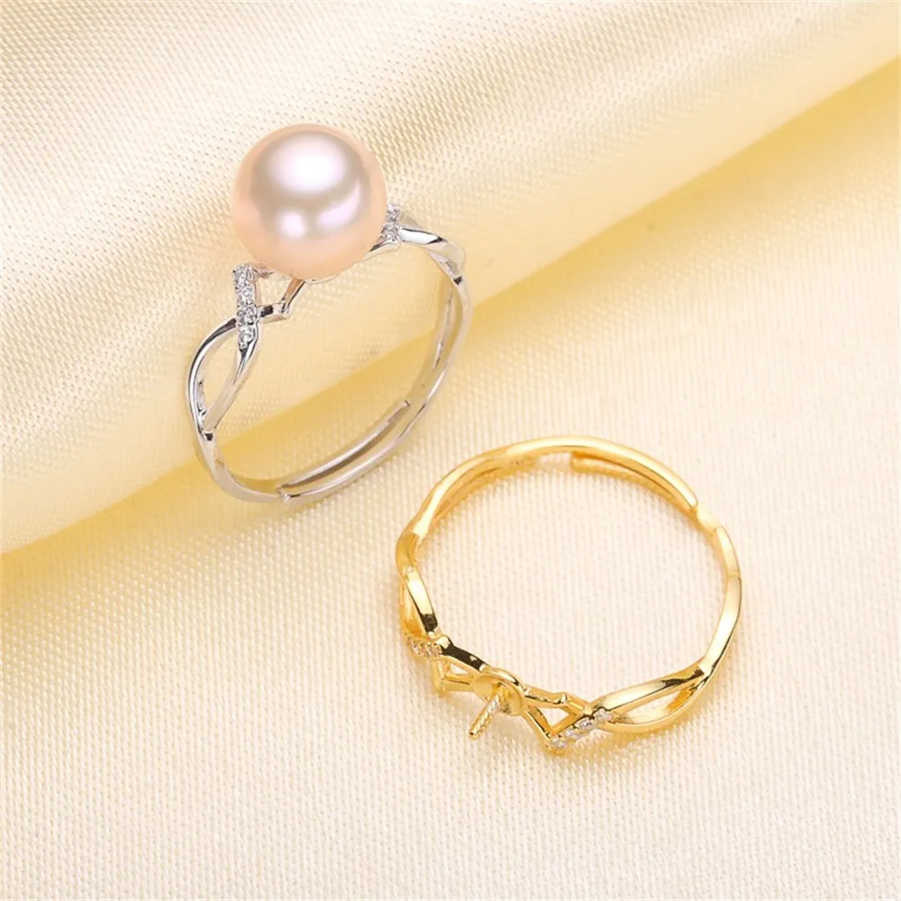 DIY Pearl Ring Accessories S925 Silver Adjustable Pearl Jade Ring Set Popular Style Fit 7-10mm Round Flat Beads Z026