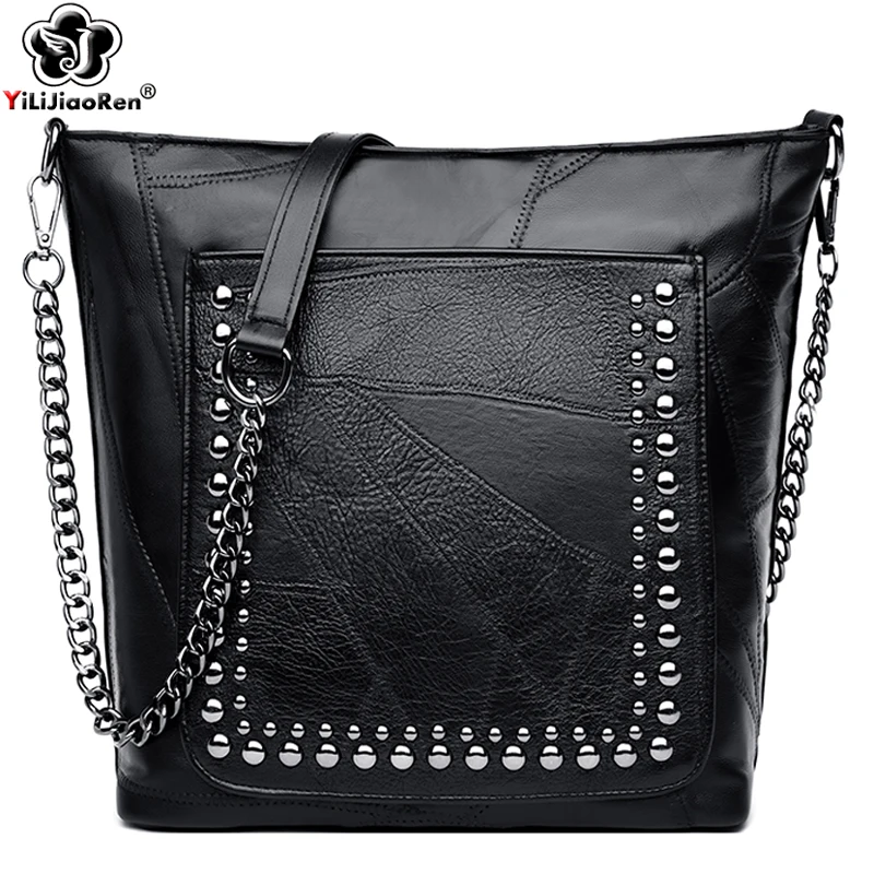 New Fashion Rivet Crossbody Bag High Quality Genuine Leather Designer Chain Messenger Bag Luxury Large Shoulder Bags Sac A Main