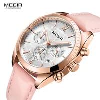 Megir Women's Leather Quartz Watches Chronograph Clock 24 Hours Waterproof Wristwatch for Lady Girl Relogios Femininos 2115 Pink