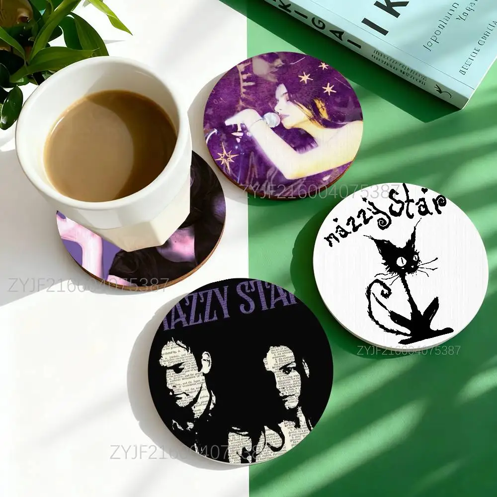 

M-Mazzy Star Band Round Wooden Coasters Heat Resistant Non-slip Drink Cafe Decoration 2D Flat Color Print Coasters Set
