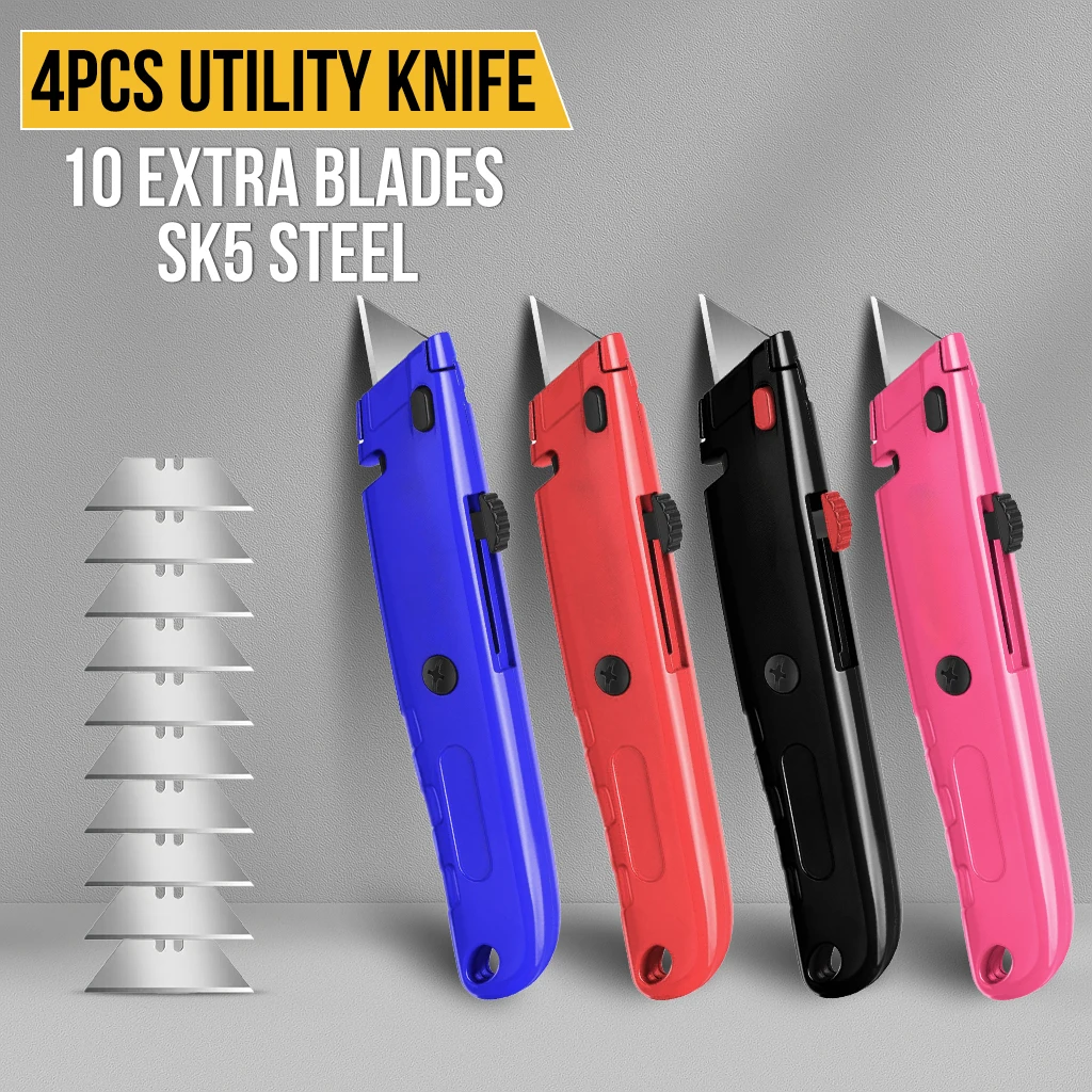 

4 Pack Box Cutter Utility Knife Retractable and 10Pcs blade, Heavy Duty Box Knife Utility Knives Razor Knife Paper Knife,