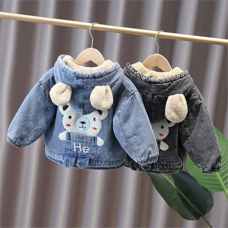 Korean Autumn Winter Boys Denim Jacket Cartoon Bear Hooded Plus Velvet Little Boy Outerwear Coat 1-6 Year Kids Boys Parka