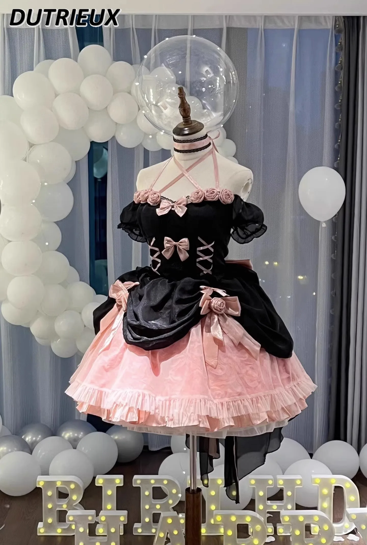 Black Pink Color-Blocking Flower Lolita off-Shoulder Halter Dress Sweet Cute Girl Heavy Industry Puffy Trailing Princess Dresses