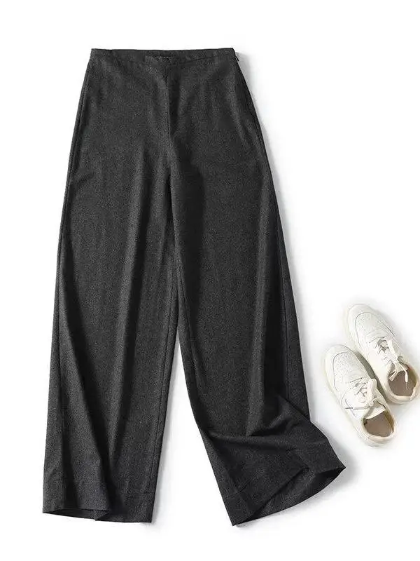 Faionable Autumn Winter ey Wool Blend Loose Women's Pants Smart Commuter Sle Trousers Casual Long Pants for Ladies