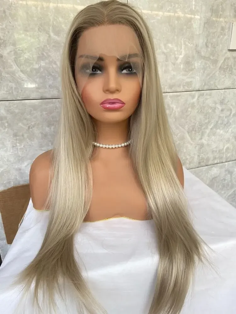 Long Hair Blend Full Lace Silver Gray Blonde Synthetic Wig