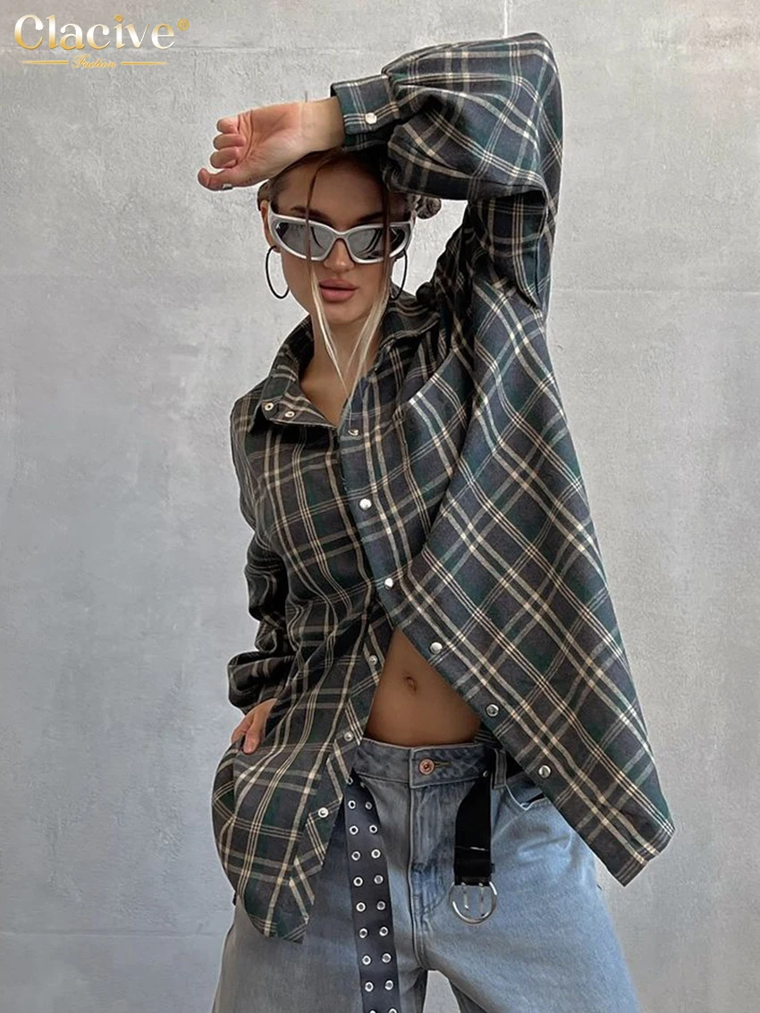 Clacive Fashion Loose Gray Plaid Women's Blouse 2025 Vintage Laepl Long Sleevee Shirts Elegant Classic Top Female Clothing