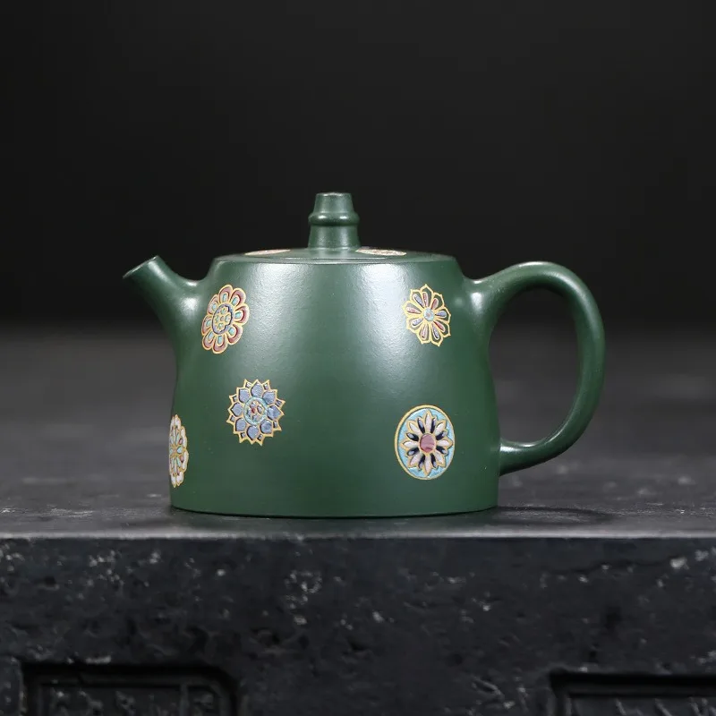 Yixing Purple Clay Teapot Original Ore Dark Green Mud Pure Handmade Enamel Flower Han Duo National Style Teapot Tea Set