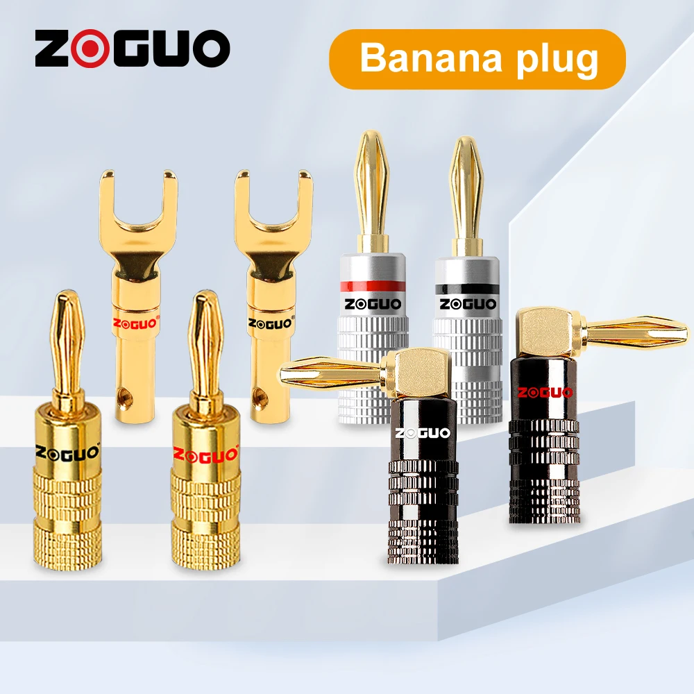 ZOGUO Banana Plug Closed Screw 24K Gold-plated Banana Speaker Plug Right Angle Connectors for Speaker cables Home Theater