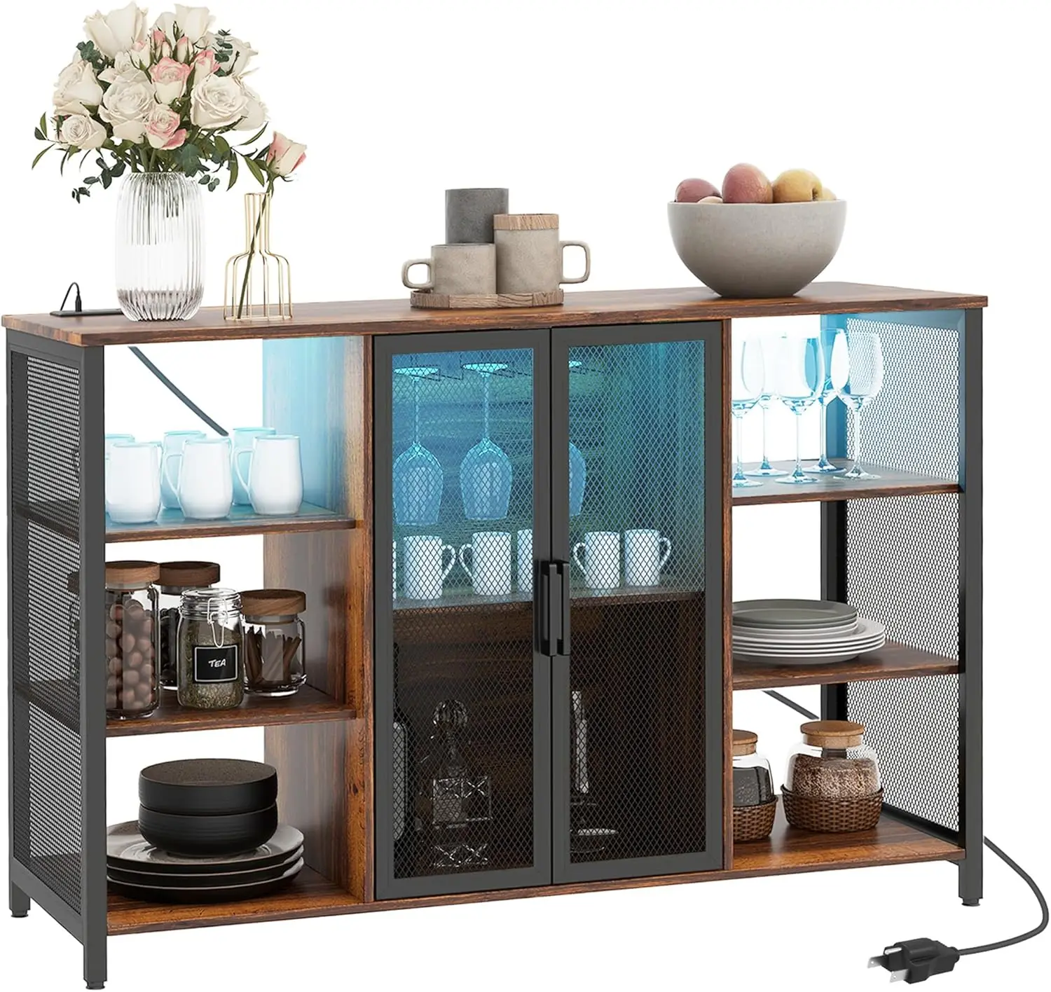 

Wine Bar Cabinet with Charging Station and LED Lights, 47" Industrial Liquor Cabinet Bar Stand for Home