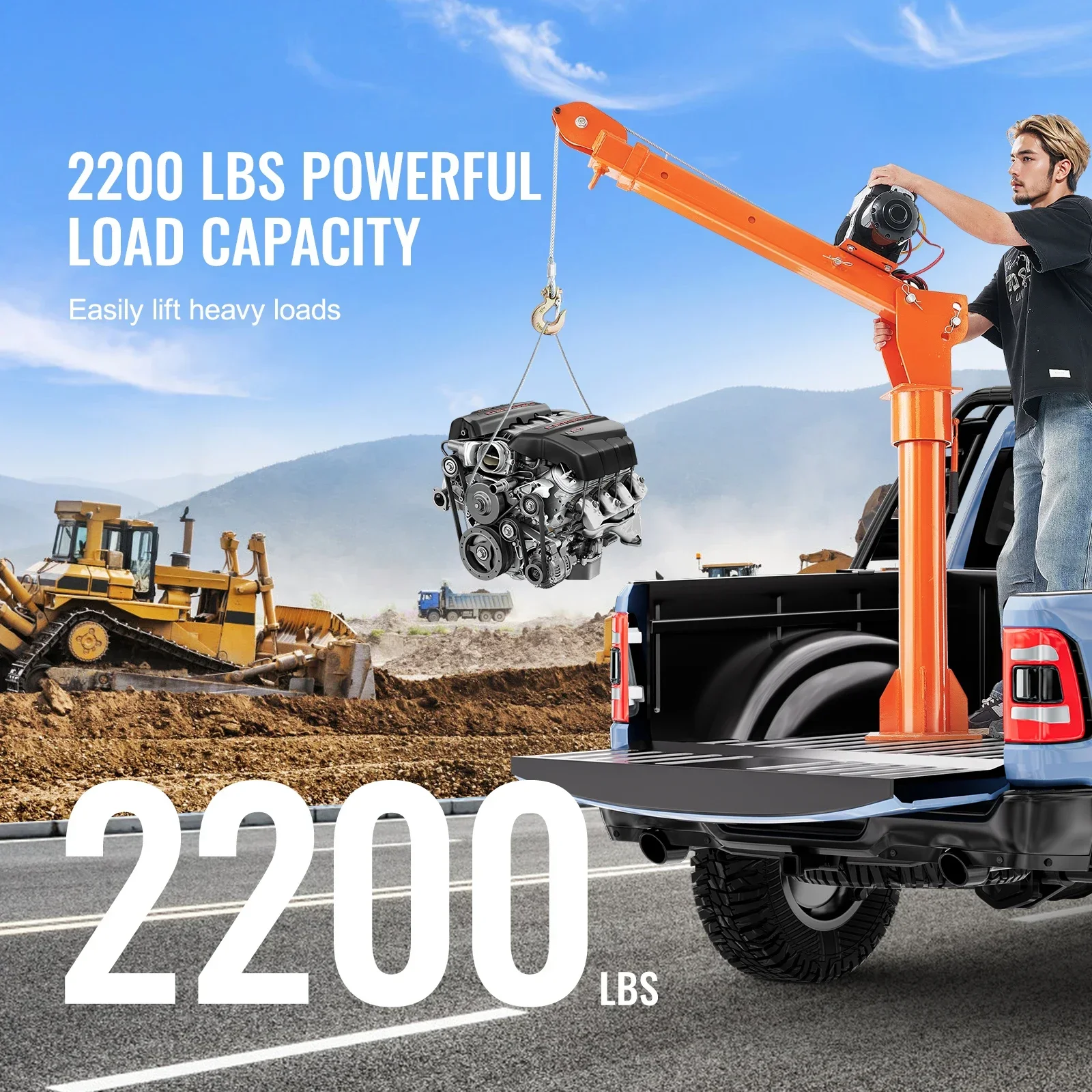 

2200lbs Electric Hoist Truck Crane 360° Swivel Folding Bed Jib Crane With 6000 Lbs Electric Winch For Lifting Goods