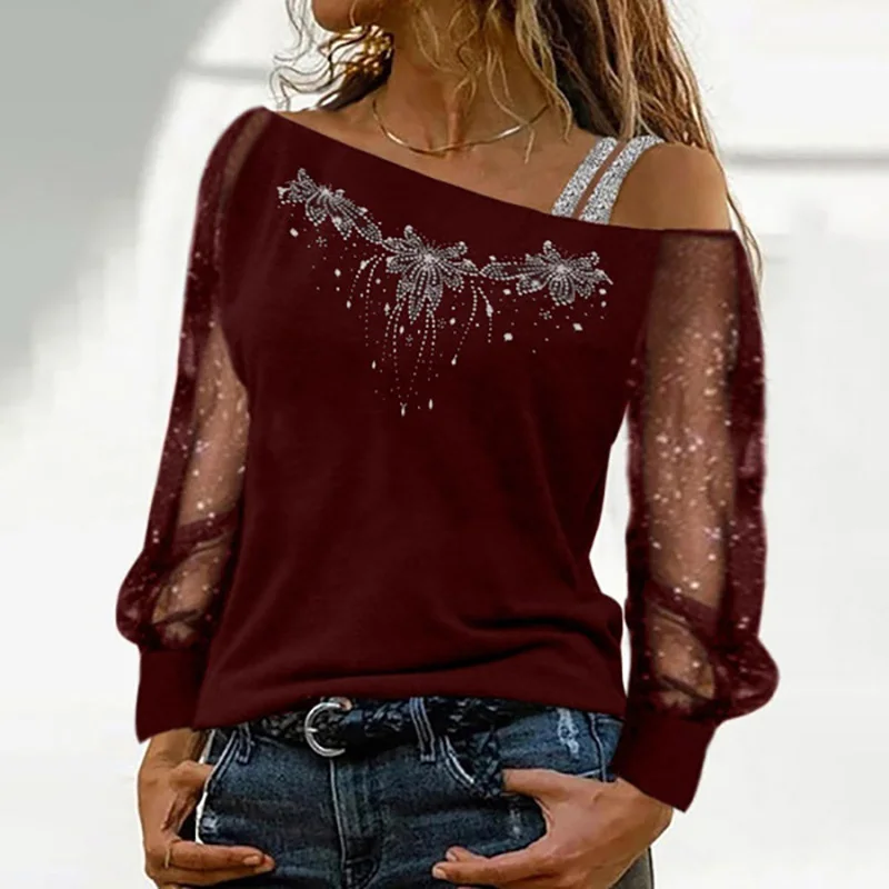 Women Fashion Long Sleeve Blouse Off Shoulder Sexy Shirts For Women Autumn Loose Pullover Elegant Blouse 2023