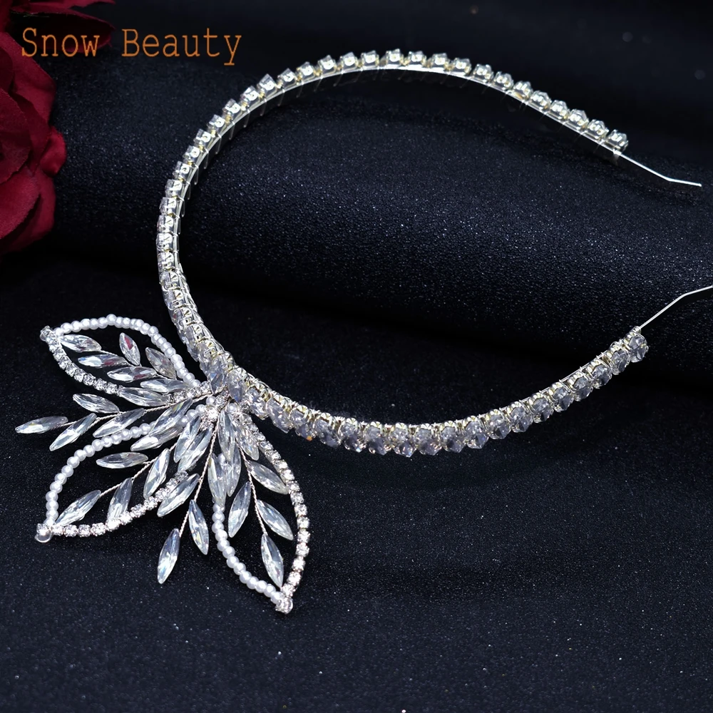 DZ064 Trendy Bridal Headband  Crystal Flower Headband Rhinestone Hairband Tiara for Women Handmade Pearl Bridal Headwear Gift